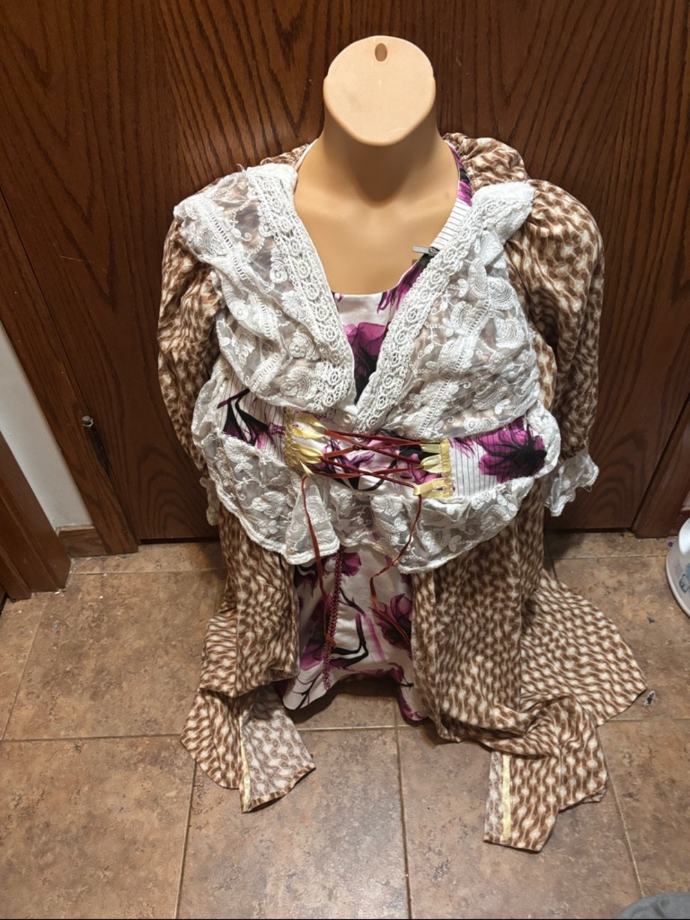 Asymmetrical Floral Lace Wrap Dress in Purple and Brown